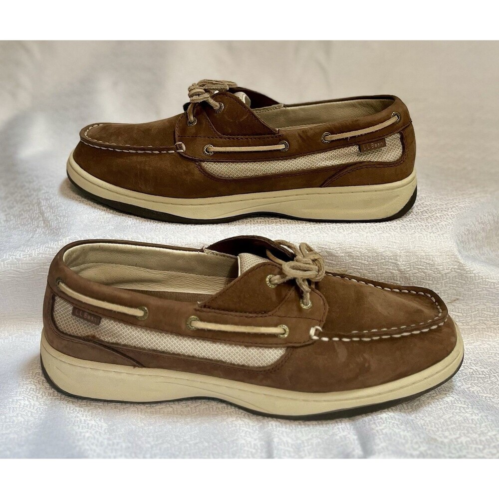LL Bean Boat Shoes Suede Leather Mesh Lace Up Womens 11 Brown Cream Preppy Yacht